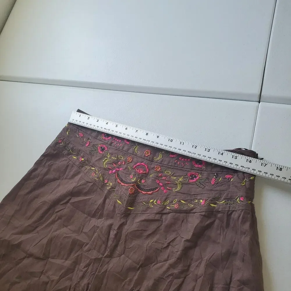 Y2K Fairy Grunge Whimsy Skirt Womens 12 Brown Embroidered Floral Boho Spring - Picture 7 of 8